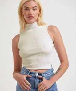 RIBBED STAPLES Afends Womens Iconic - Hemp Ribbed High Neck Tank - Off White
