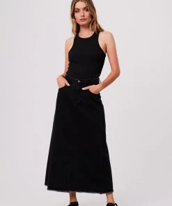 Afends Womens Chichi - Organic Denim Midi Skirt - Washed Black Clothing