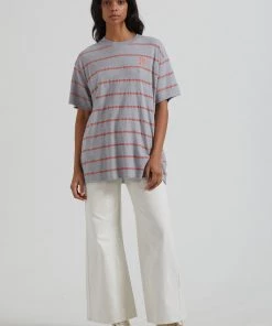Afends Womens Interlude - Recycled Striped Oversized T-Shirt - Grey