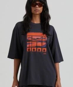 Afends Womens Victoria - Recycled Oversized Graphic T-Shirt - Charcoal Clothing