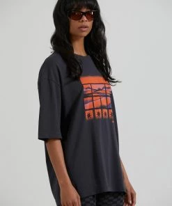 Afends Womens Victoria - Recycled Oversized Graphic T-Shirt - Charcoal Clothing