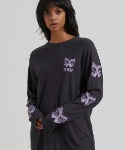 Clothing Afends Womens Pink Noise - Hemp Long Sleeve Graphic T-Shirt - Charcoal