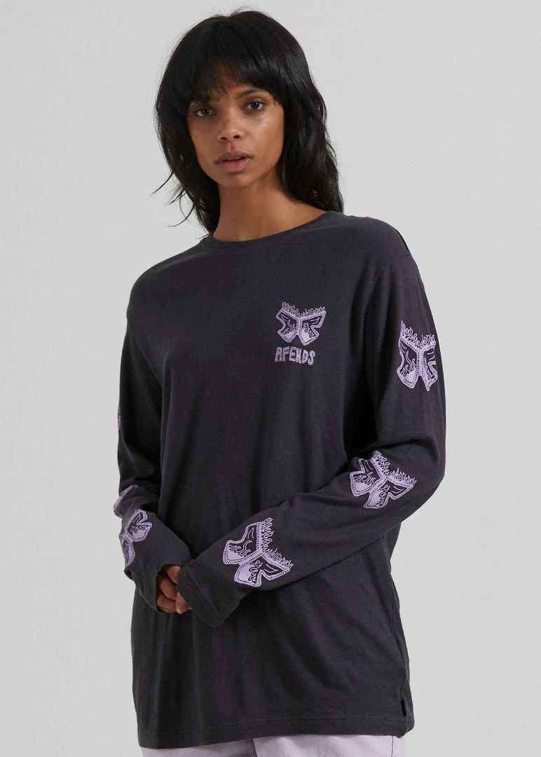 Clothing Afends Womens Pink Noise - Hemp Long Sleeve Graphic T-Shirt - Charcoal 1 Clothing Afends Womens Pink Noise - Hemp Long Sleeve Graphic T-Shirt - Charcoal