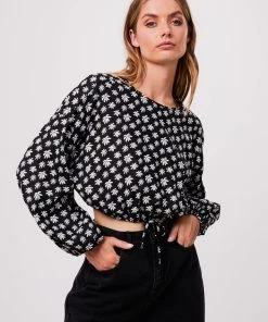 Afends Womens Pascale - Hemp Cropped Long Sleeve Top - Black Clothing