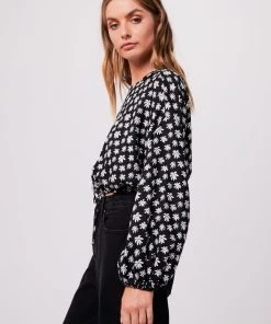 Afends Womens Pascale - Hemp Cropped Long Sleeve Top - Black Clothing