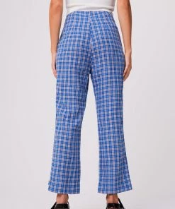 Afends Womens Porcelain - Hemp Check High Waisted Pants - Electric Blue Clothing