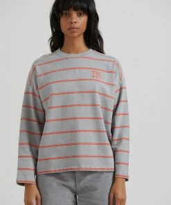 Clothing Afends Womens Interlude - Recycled Striped Crew Neck Jumper - Grey