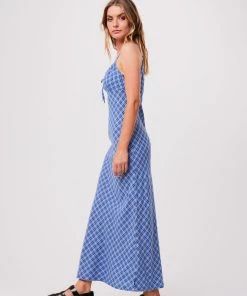 Clothing Afends Womens Porcelain - Hemp Check Maxi Dress - Electric Blue