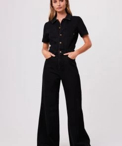 Afends Womens Miami - Organic Denim Flared Jumpsuit - Washed Black