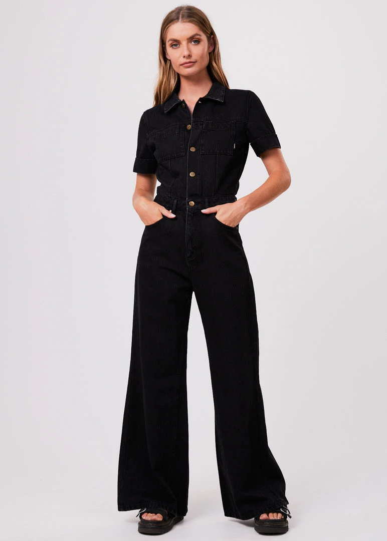 Afends Womens Miami - Organic Denim Flared Jumpsuit - Washed Black 1 Afends Womens Miami - Organic Denim Flared Jumpsuit - Washed Black