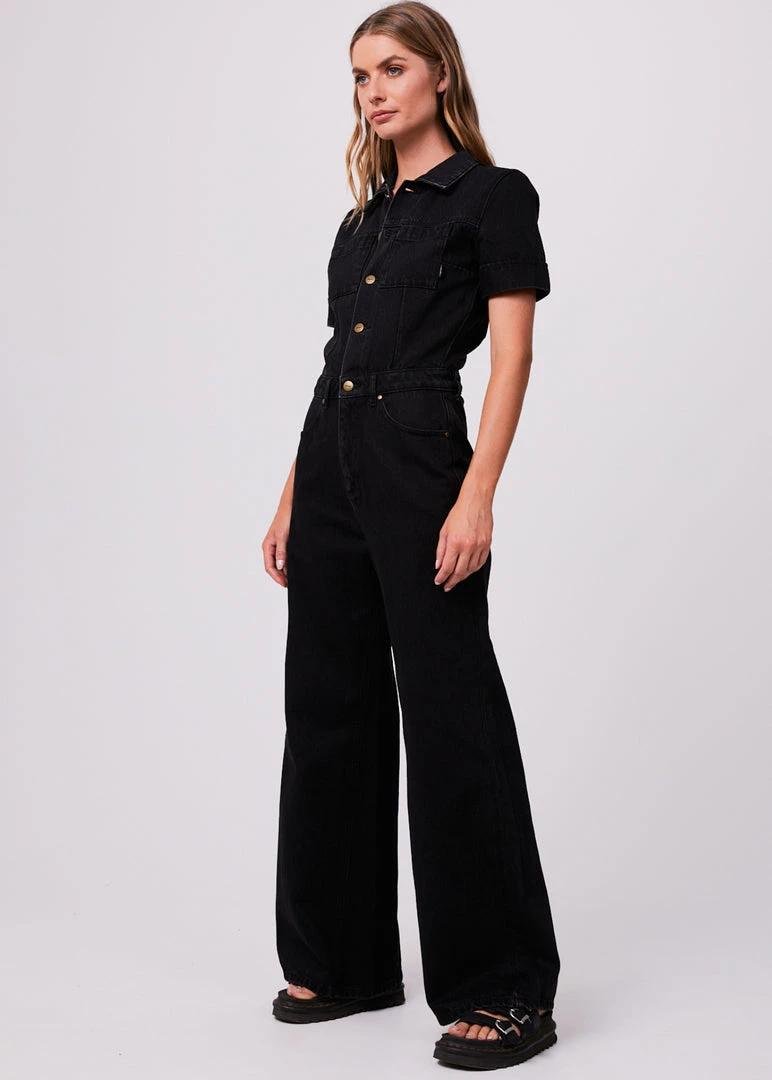 Afends Womens Miami - Organic Denim Flared Jumpsuit - Washed Black 3 Afends Womens Miami - Organic Denim Flared Jumpsuit - Washed Black
