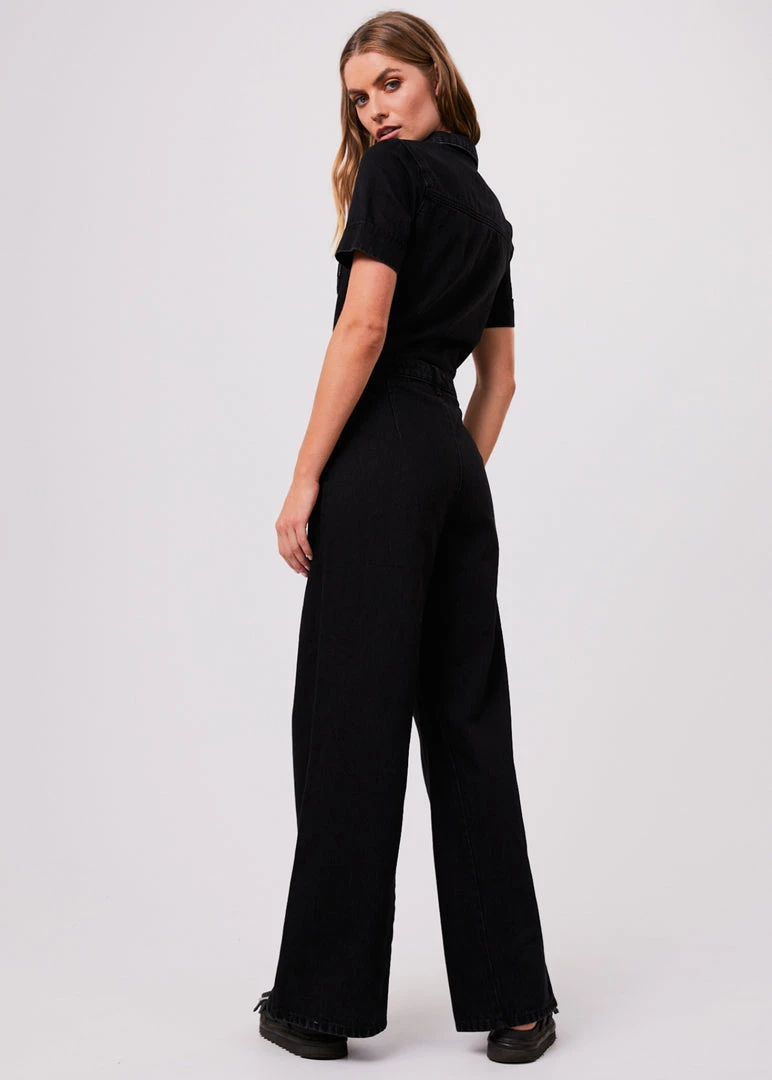 Afends Womens Miami - Organic Denim Flared Jumpsuit - Washed Black 4 Afends Womens Miami - Organic Denim Flared Jumpsuit - Washed Black