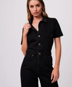 Afends Womens Miami - Organic Denim Flared Jumpsuit - Washed Black