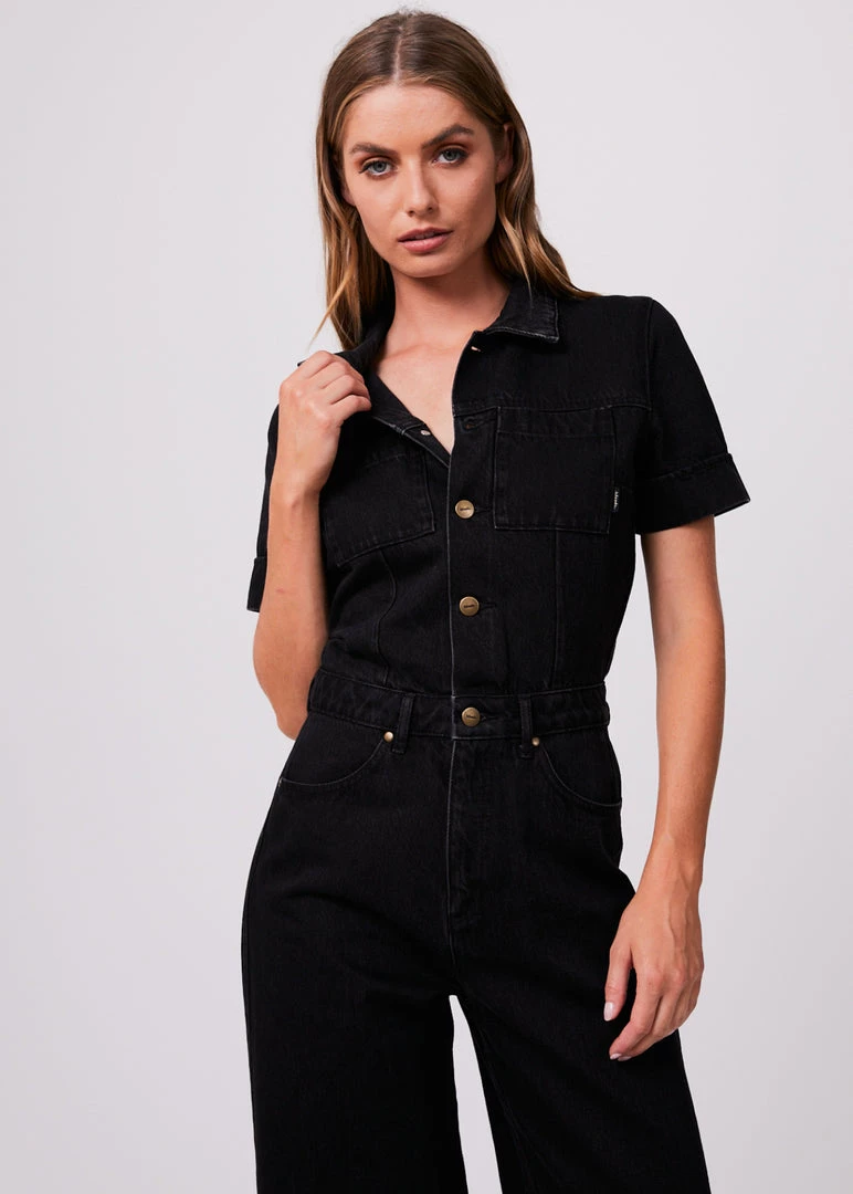 Afends Womens Miami - Organic Denim Flared Jumpsuit - Washed Black 2 Afends Womens Miami - Organic Denim Flared Jumpsuit - Washed Black