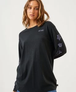 Clothing Afends Womens Ava - Hemp Long Sleeve Graphic T-Shirt - Black