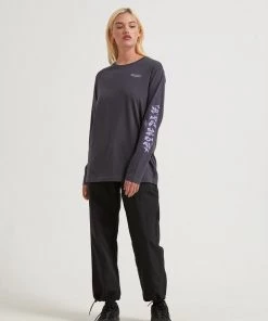 Afends Womens Tracks - Recycled Long Sleeve Graphic T-Shirt - Charcoal