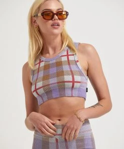 Afends Womens Colby - Hemp Check Ribbed Crop Tank - Plum
