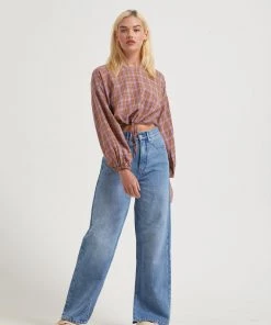 Clothing Afends Womens Colby - Hemp Check Cropped Long Sleeve Top - Plum