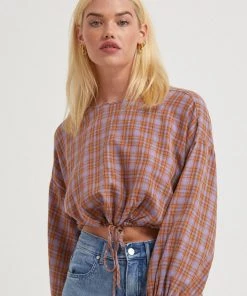 Clothing Afends Womens Colby - Hemp Check Cropped Long Sleeve Top - Plum