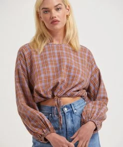 Clothing Afends Womens Colby - Hemp Check Cropped Long Sleeve Top - Plum