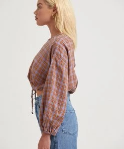 Clothing Afends Womens Colby - Hemp Check Cropped Long Sleeve Top - Plum