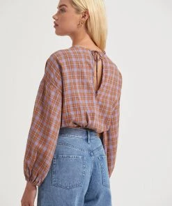 Clothing Afends Womens Colby - Hemp Check Cropped Long Sleeve Top - Plum