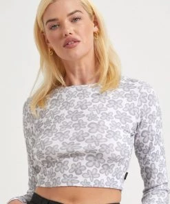 Afends Womens Digital Daisy - Recycled Cropped Long Sleeve Top - Charcoal