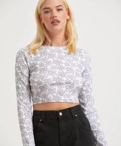 Afends Womens Digital Daisy - Recycled Cropped Long Sleeve Top - Charcoal