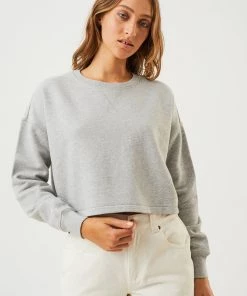 Afends Womens Down Town - Organic Cropped Crew Neck Jumper - Grey Marle