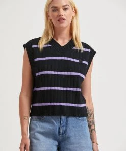 Afends Womens Donnie - Hemp Knit Striped Vest - Black Clothing