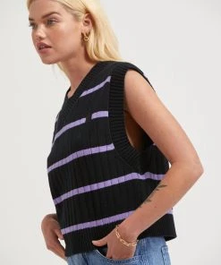 Afends Womens Donnie - Hemp Knit Striped Vest - Black Clothing