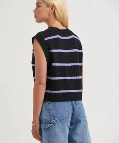 Afends Womens Donnie - Hemp Knit Striped Vest - Black Clothing