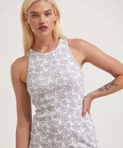 Clothing Afends Womens Digital Daisy - Recycled Ribbed Mini Dress - Charcoal