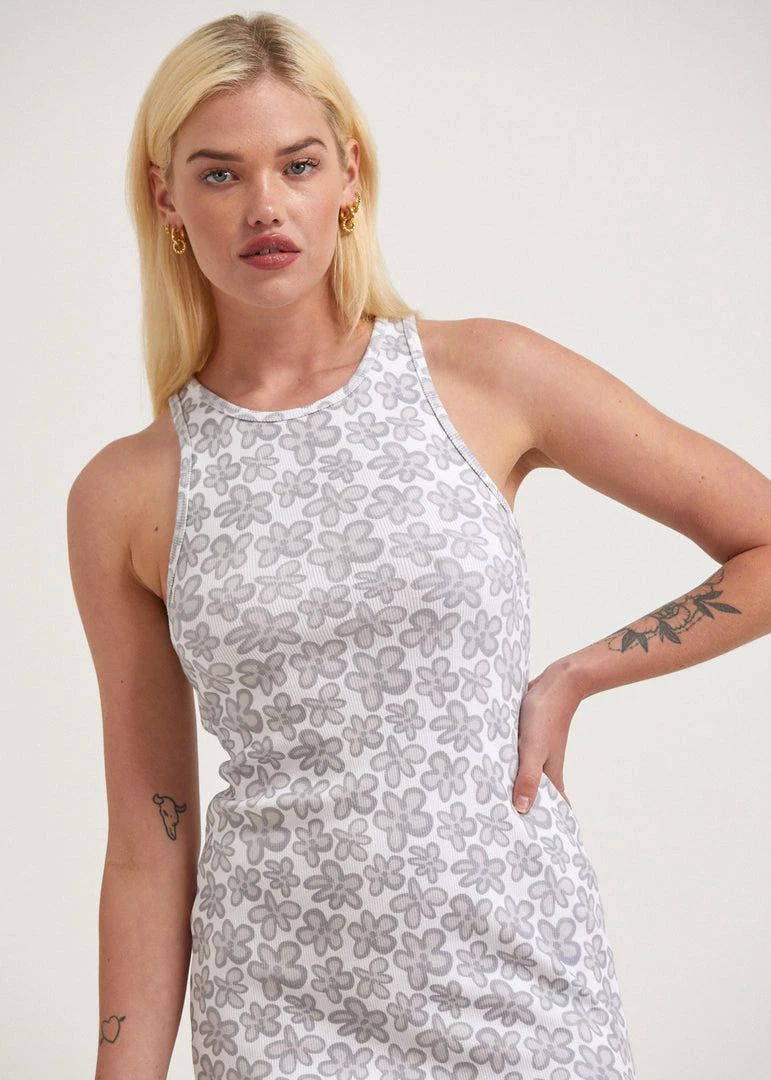 Clothing Afends Womens Digital Daisy - Recycled Ribbed Mini Dress - Charcoal 2 Clothing Afends Womens Digital Daisy - Recycled Ribbed Mini Dress - Charcoal