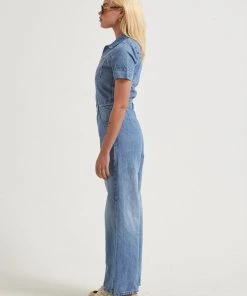 Afends Womens Miami - Hemp Denim Flared Jumpsuit - Worn Blue