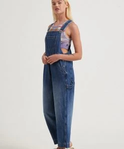 Afends Womens Louis - Hemp Denim Baggy Overalls - Authentic Blue Clothing