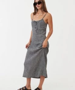 NEW ARRIVALS Afends Womens Asta - Hemp Seersucker Check Maxi Dress - Steel