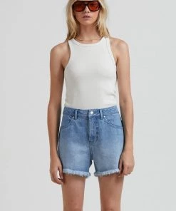 Afends Womens Isabella - Hemp Denim Low Rise Shorts - Worn Blue Clothing