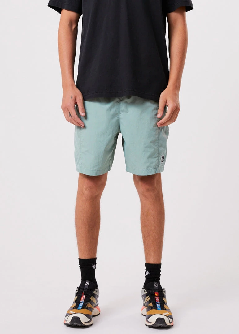 Clothing Afends Mens Patrol - Unisex Recycled Elastic Waist Shorts - Sage 1 Clothing Afends Mens Patrol - Unisex Recycled Elastic Waist Shorts - Sage