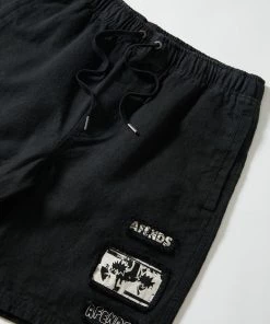 Afends Mens Late Start - Hemp Herringbone Elastic Waist Short - Black SALE